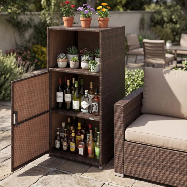 Outdoor PE Wicker Storage Cabinet with Door and Open Compartment for Patio-Brown - Brown - Sheds & Outdoor Storage