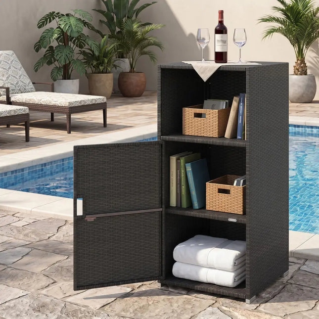 Outdoor PE Wicker Storage Cabinet with Door and Open Compartment for Patio-Black - Black - Sheds & Outdoor Storage