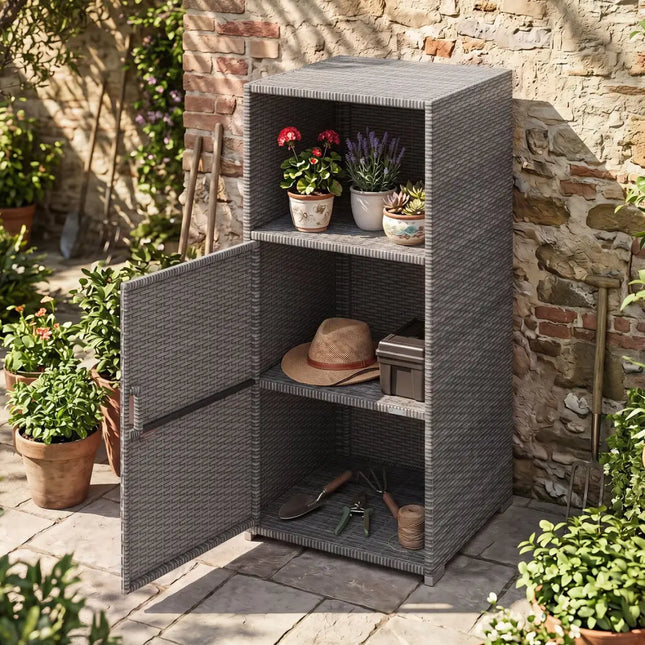 Outdoor PE Wicker Storage Cabinet with Door and Open Compartment for Patio-Gray - Gray - Sheds & Outdoor Storage