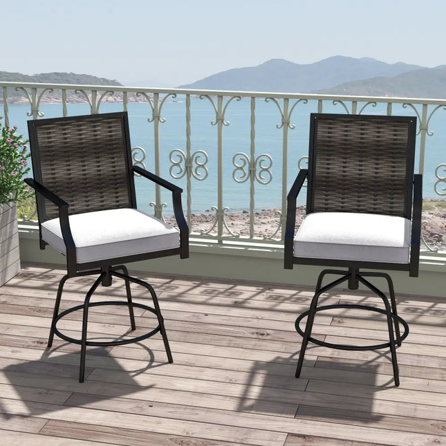Outdoor PE Wicker Swivel Bar Stools Set of 2 Counter Height Patio Chairs with Back-Grey - Gray - Patio Bar Furniture