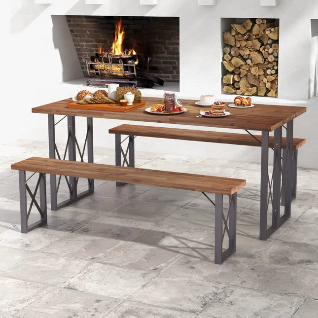Outdoor Picnic Bench Set Solid Acacia Wood Patio Rectangular Benches - Navy - Outdoor Benches