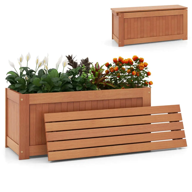 Outdoor Plant Container with Seat for Garden Yard Balcony Deck - Natural - Raised Garden Beds