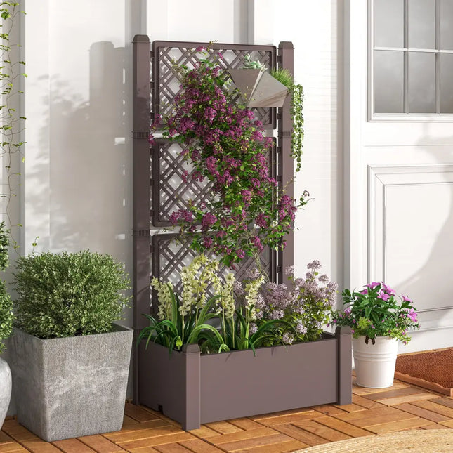 Outdoor Planter Box Self-Watering Raised Garden Bed Trellis with Water Level Indicator-Coffee - Coffee - Raised Garden