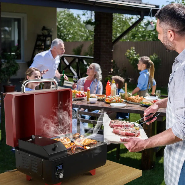 Outdoor Portable Tabletop Pellet Grill and Smoker with Digital Control System for BBQ-Red - Red - Outdoor Grills
