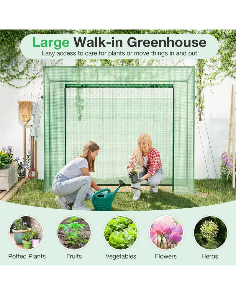 Outdoor Portable Walk-in Greenhouse with PE Cover Heavy-Duty Metal Frame Roll-up Zipper Door - Green - Greenhouses