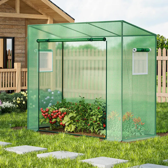 Outdoor Portable Walk-in Greenhouse with PE Cover Heavy-Duty Metal Frame Roll-up Zipper Door - Green - Greenhouses