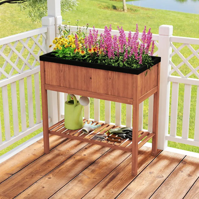 Outdoor Raised Garden Bed Fir Wood Planter Box with Bottom Storage Shelf and Protective Liner-Brown - Brown - Raised