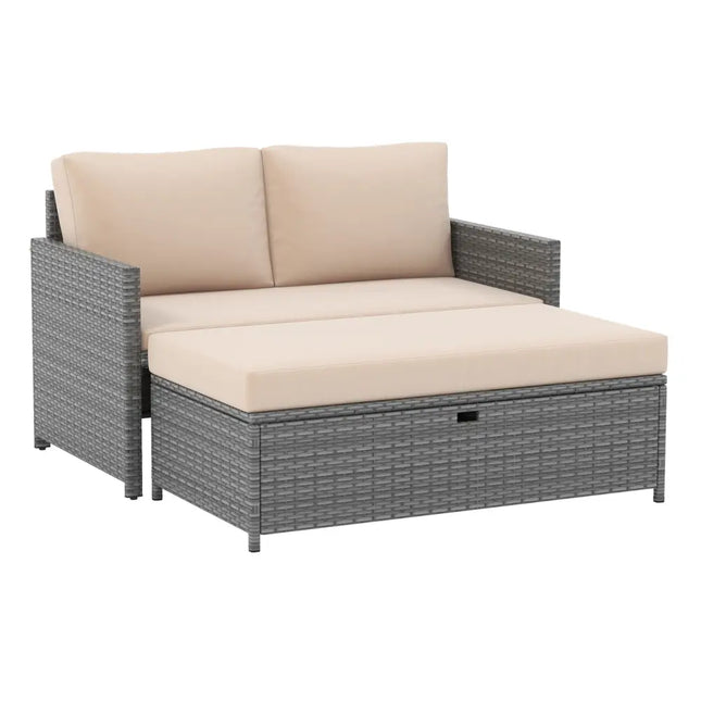 Outdoor Rattan Daybed Wicker Loveseat and 31 Gallon Storage Ottoman-Brown - Brown - Outdoor Sectionals