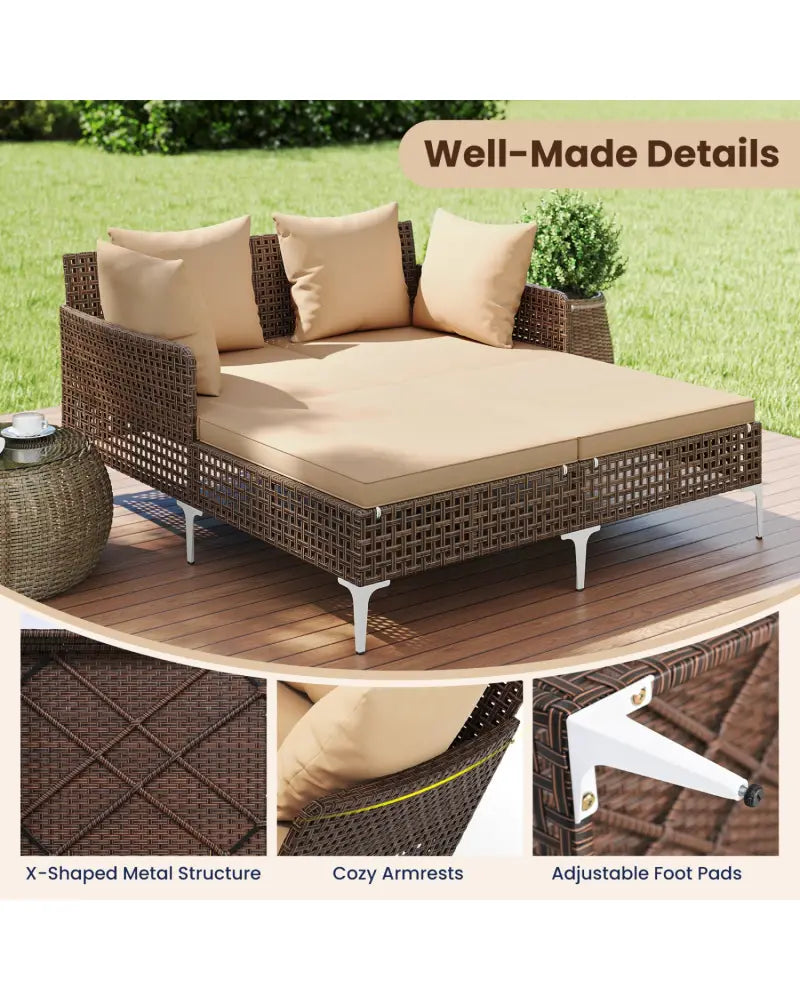 Outdoor Rattan Double Daybed Wicker Chaise Lounge-Brown - Brown - Outdoor Chaise Lounges