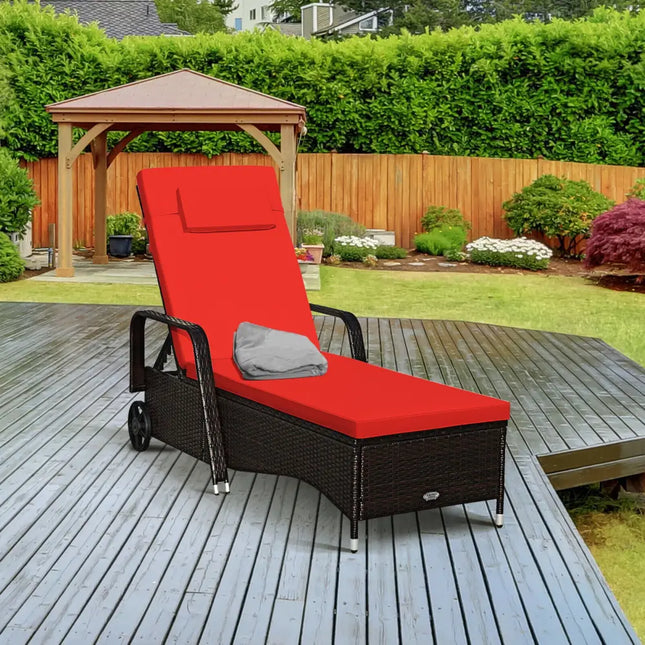 Outdoor Recliner Cushioned Chaise Lounge with Adjustable Backrest-Red & White - Red & White - Outdoor Chaise Lounges