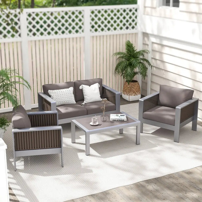 Outdoor Rectangle Coffee Table with Tempered Glass Tabletop for Backyard Poolside-Gray - Gray - Patio Coffee Tables