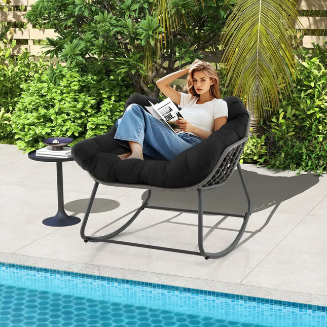 Outdoor Rocking Chair Oversized Patio PE Wicker Egg Chair with Cushion-Black - Black - Patio Rocking Chairs & Gliders