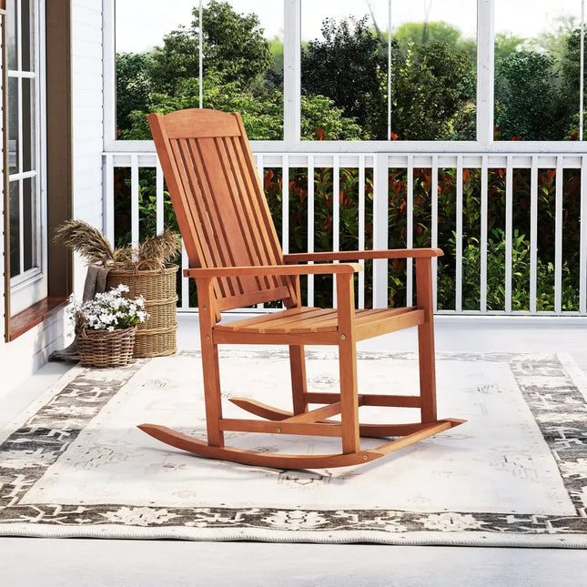 Outdoor Rocking Chair Solid Wood High Back Rocker with Slatted Seat - Natural - Patio Rocking Chairs & Gliders