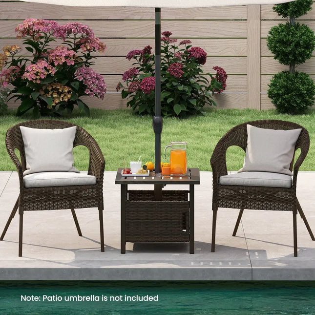 Outdoor Side Table with 1.93’’ Umbrella Hole All-Weather PE Wicker Patio Umbrella Table-Brown - Brown - Patio Coffee