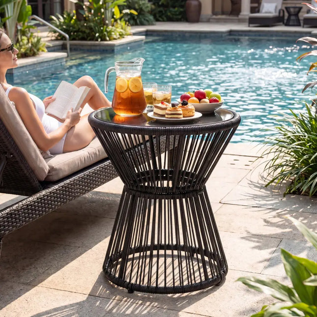 Outdoor Side Table with LED Warm Light and Tempered Glass Top-Black - Black - Patio Coffee Tables
