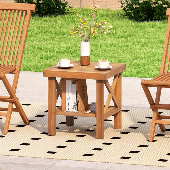 Outdoor Side Table with Storage Shelf for Small Space - Natural - Patio Coffee Tables