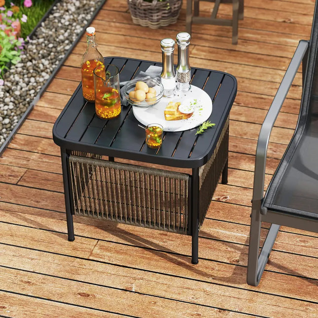 Outdoor Side Table with Umbrella Hole and Storage Shelf - Black - Patio Coffee Tables