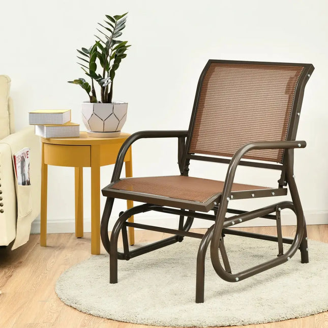 Outdoor Single Swing Glider Rocking Chair with Armrest-Brown - Brown - Patio Rocking Chairs & Gliders