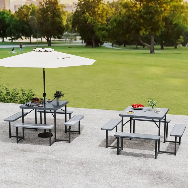 Outdoor Square Picnic Table Bench Set for 4-8 People with Umbrella Hole-Gray - Gray - Picnic Tables