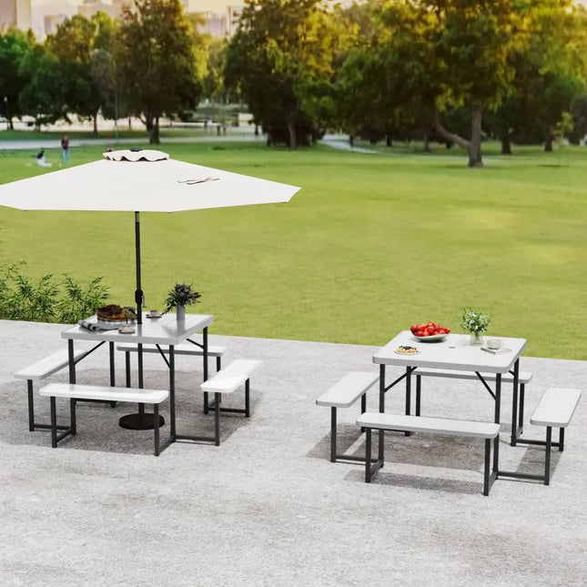 Outdoor Square Picnic Table Bench Set for 4-8 People with Umbrella Hole-White - White - Picnic Tables