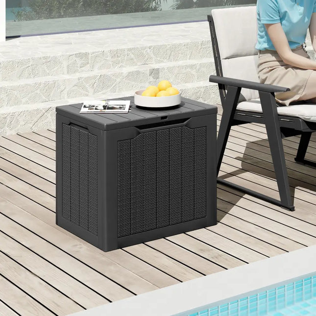 Outdoor Storage Box 25 Gallon Deck Box with Lockable Lid and Wicker-woven Texture-Black - Black - Garages
