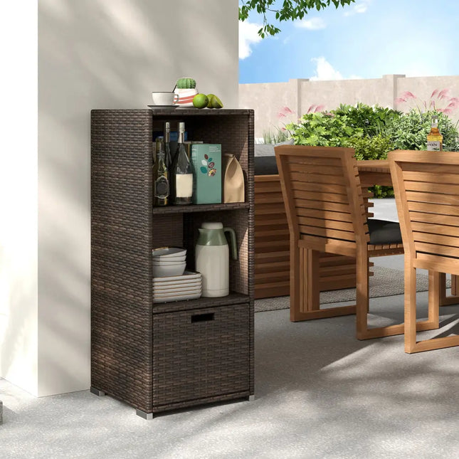 Outdoor Storage Cabinet Patio Wicker Organizer with Drawer-Brown - Brown - Sheds & Outdoor Storage
