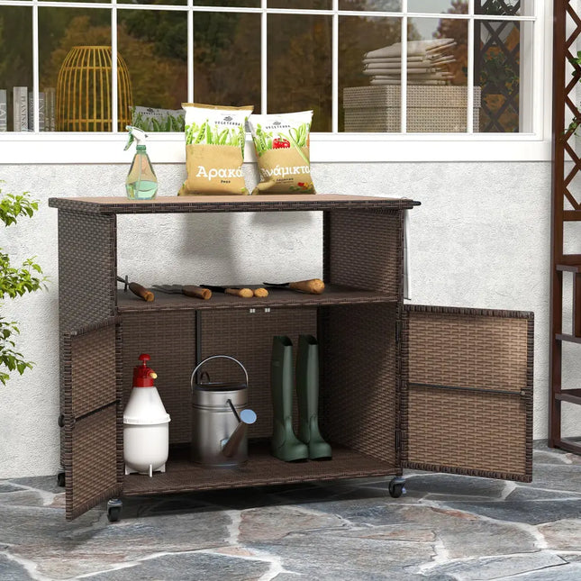Outdoor Storage Cabinet with Acacia Wood Top and Lockable Wheels - Sheds & Outdoor Storage