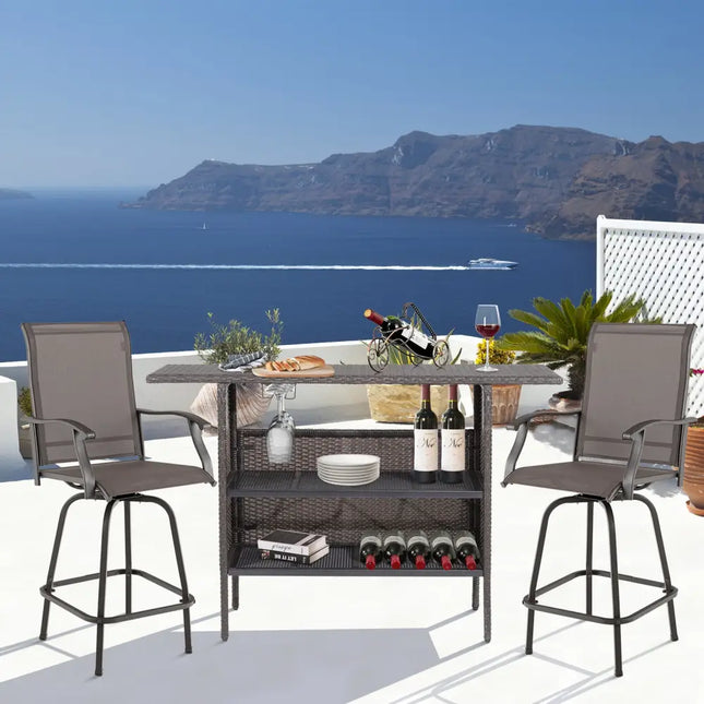 Outdoor Wicker Bar Table with 2 Metal Mesh Shelves - Brown - Patio Bar Furniture