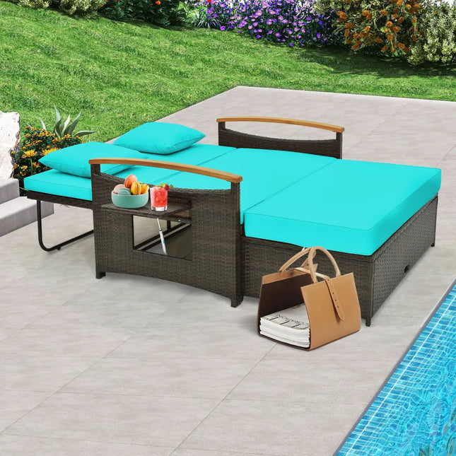 Outdoor Wicker Daybed with Folding Panels and Storage Ottoman-Green - Green - Outdoor Chaise Lounges