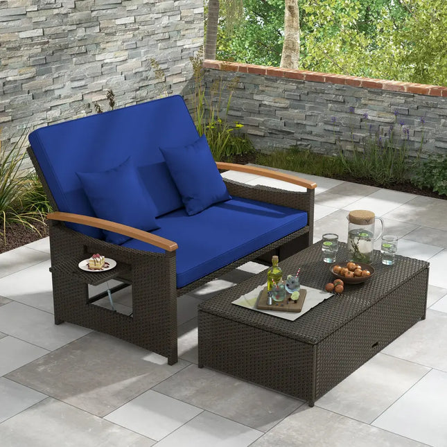 Outdoor Wicker Daybed with Folding Panels and Storage Ottoman-Navy - Navy - Outdoor Chaise Lounges