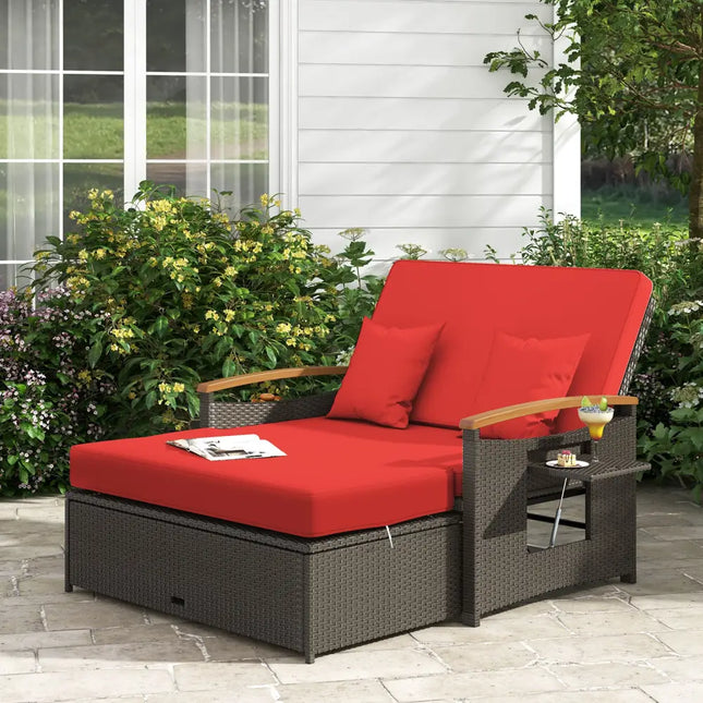 Outdoor Wicker Daybed with Folding Panels and Storage Ottoman-Red - Red - Outdoor Chaise Lounges