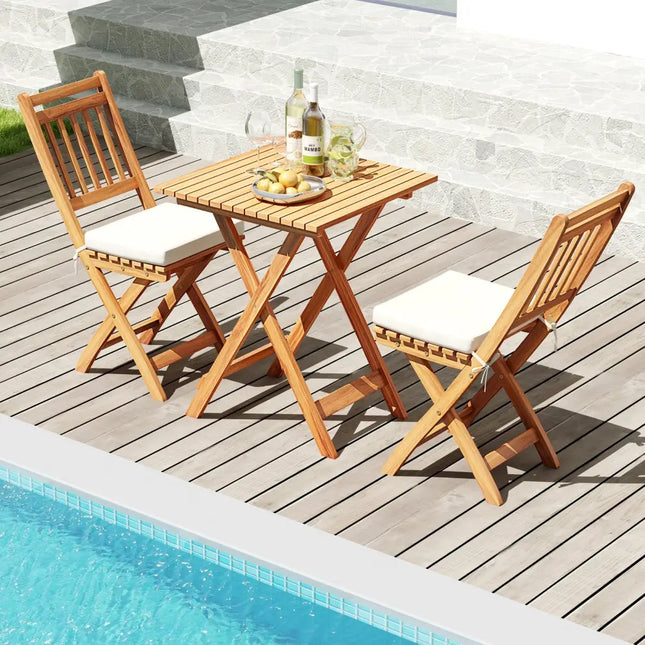 Outdoor Wood Bistro Set with Soft Seat Cushions and Table-White - White - Patio Conversation Sets
