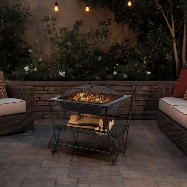 Outdoor Wood Burning Fire Pit with Log Storage Rack and Wheels - Black - Fire Pits