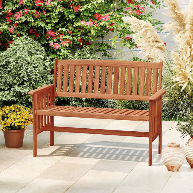 Outdoor Wood Garden Bench 2-Person Patio Park Bench with Backrest Armrests and Slatted Seat - Outdoor Benches