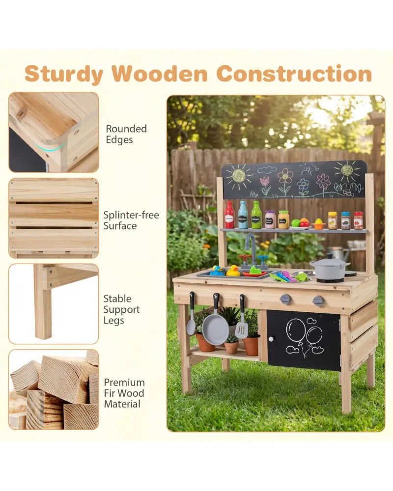 Outdoor Wooden Mud Kitchen for Kids with Sink and Stoves-Natural - Natural - Play Kitchen Sets