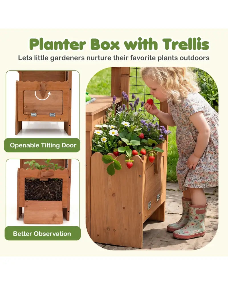 Outdoor Wooden Mud Kitchen with Planter Box and Sink for Toddlers-Natural - Natural - Play Kitchen Sets
