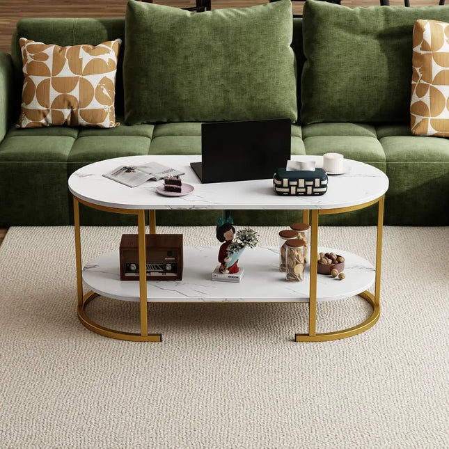 Oval Coffee Table 2-Tier Wooden Accent Table with Spacious Tabletop and Open Storage Shelf-White - White - Coffee Tables