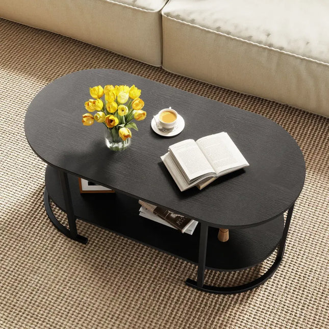 Oval Coffee Table 2-Tier Wooden Accent Table with Spacious Tabletop and Open Storage Shelf-Black - Black - Coffee Tables