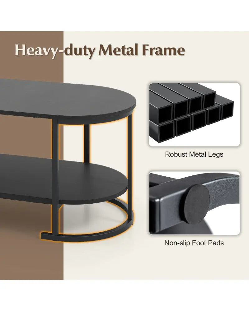 Oval Coffee Table 2-Tier Wooden Accent Table with Spacious Tabletop and Open Storage Shelf-Black - Black - Coffee Tables