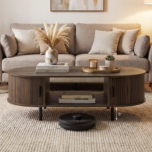 Oval Coffee Table 47.5inch Wooden Center Table with Storage-Walnut - Walnut - Coffee Tables