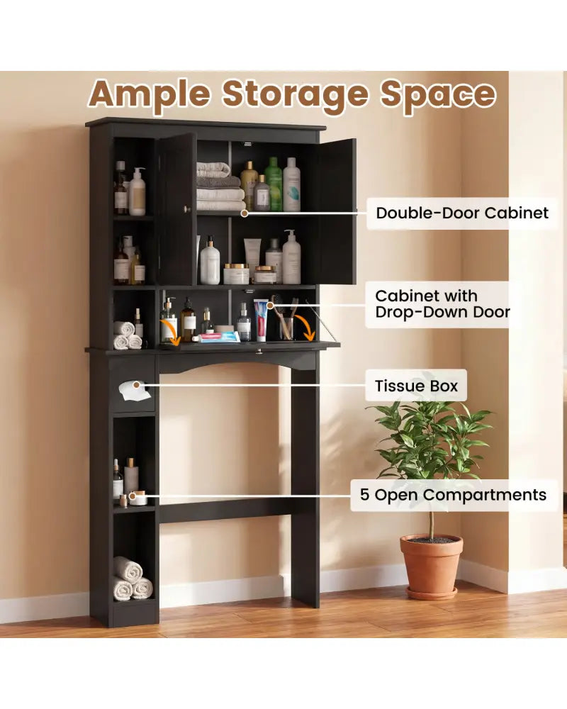 Over the Toilet Storage Cabinet with Adjustable Shelf and Bottom Bar-Black - Black - Over the Toilet Storage