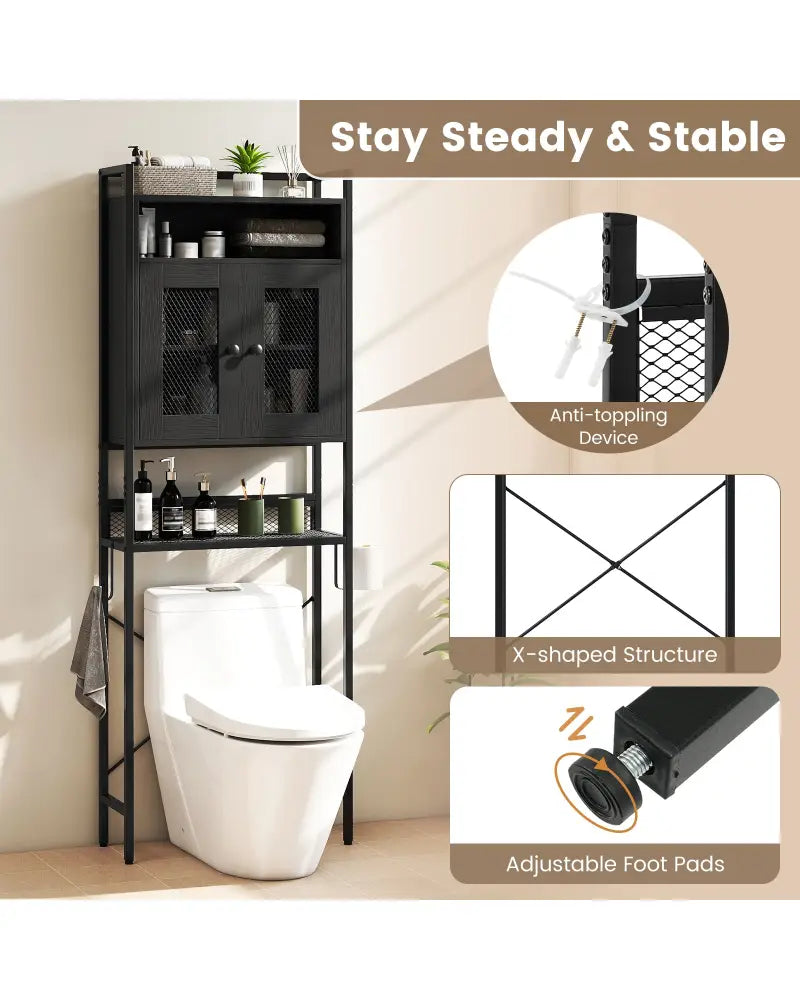 Over-The-Toilet Storage Cabinet with Heavy-Duty Metal Frame 2-door Freestanding-Black - Black - Over the Toilet Storage