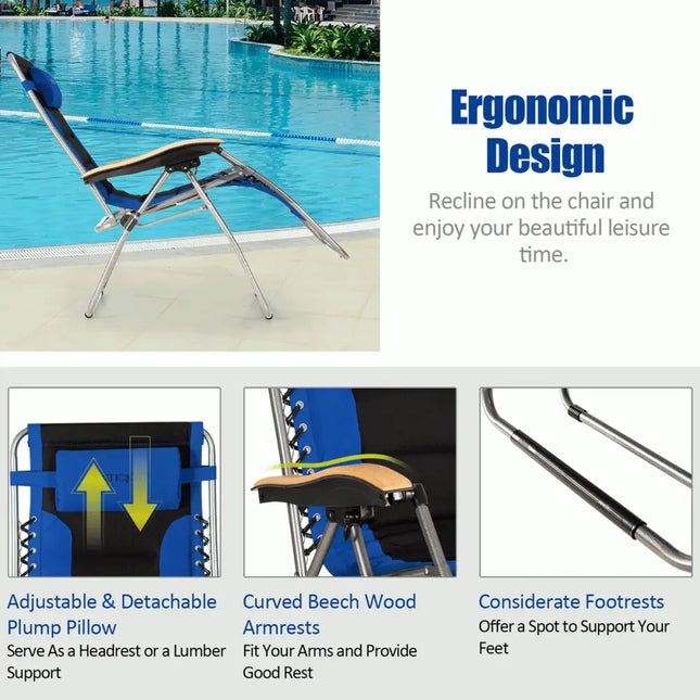 Oversize Folding Adjustable Padded Zero Gravity Lounge Chair-Blue - Blue - Beach & Lawn Chairs