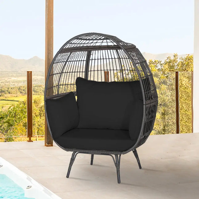 Oversized Indoor Wicker Egg Chair with Sturdy Metal Frame for Patio-Black - Black - Outdoor Chaise Lounges