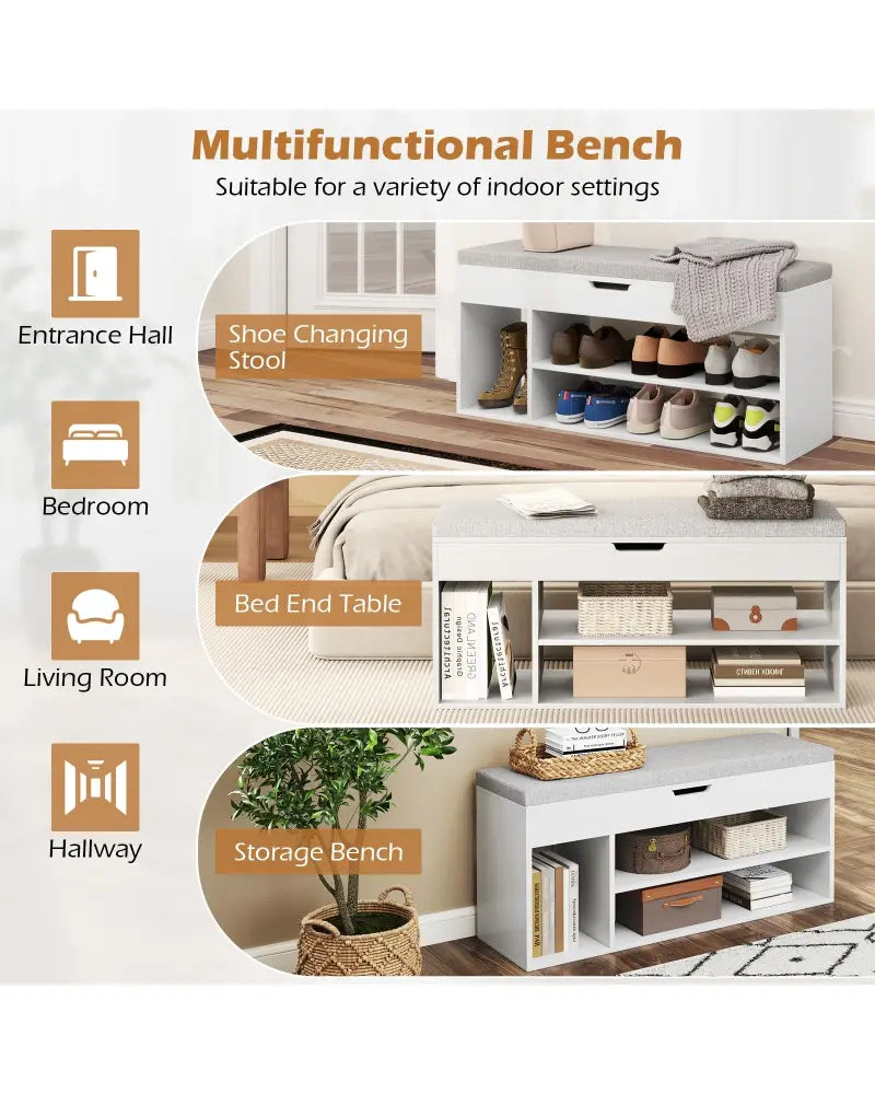 Padded Seat Shoe Bench with Hidden Storage and 3 Open Shelves-White - White - Shoe Racks & Storage Benches