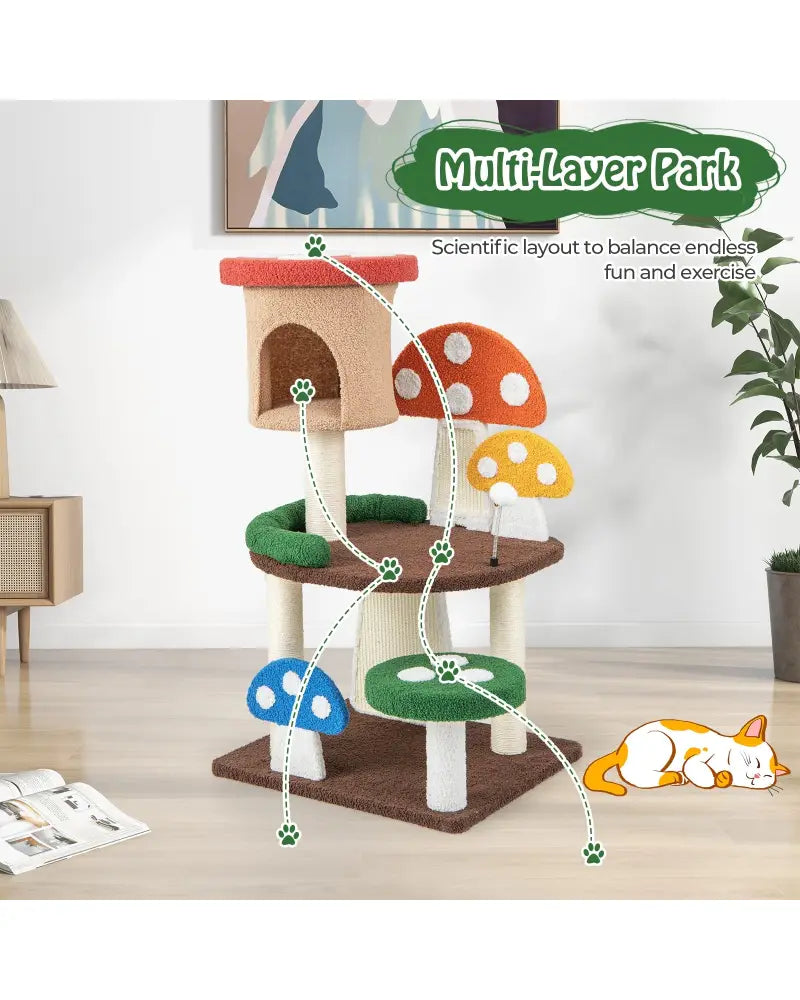 Patended 4-In-1 Mushroom Cat Tree with Condo Spring Ball and Sisal Posts-Multicolor - Multicolor - Cat Trees Condos &
