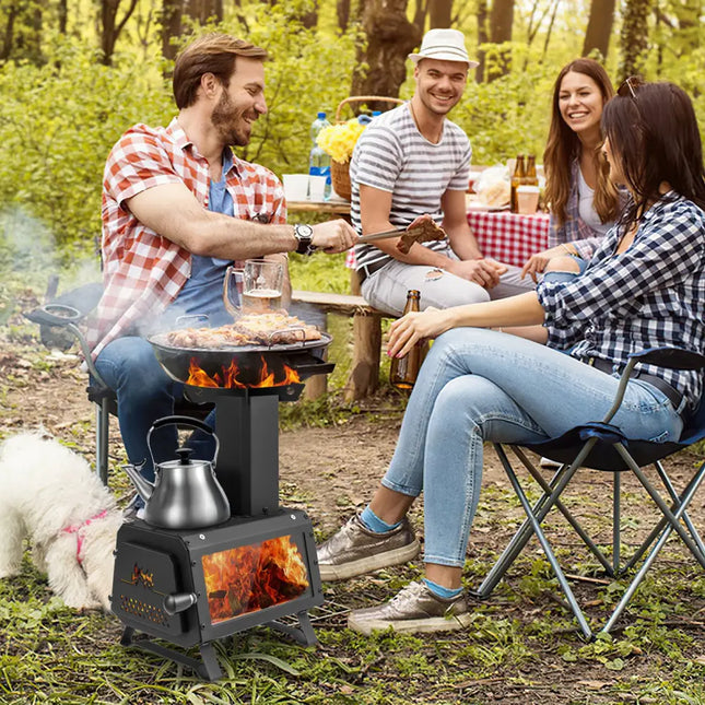 Patented Portable Wood Camping Burning Stove Heater with 2 Cooking Positions - Black - Fire Pits