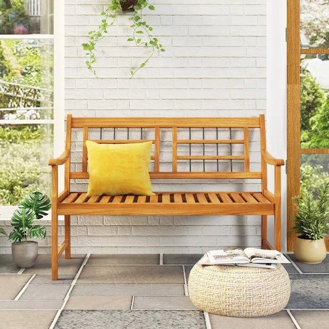 Patio Acacia Wood Bench with Curved Armrests Slatted Seat and Backrest - Natural - Outdoor Benches