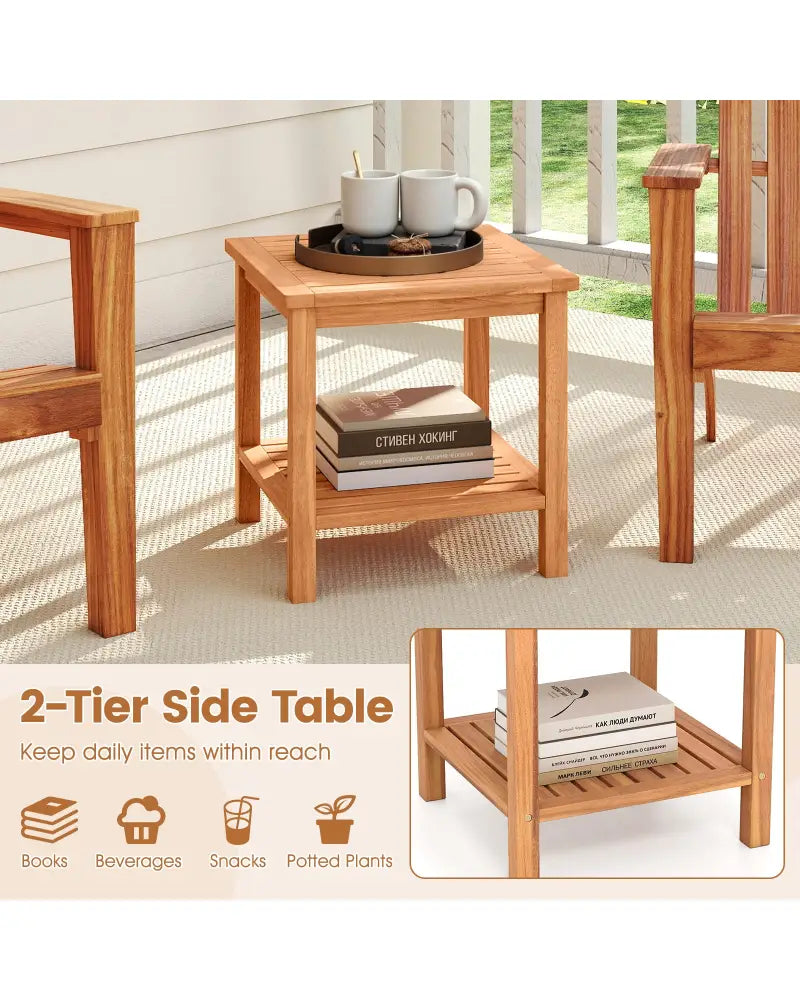 Patio Acacia Wood Side Table Set of 2 with Slatted Tabletop and Storage Shelf - End & Side Tables