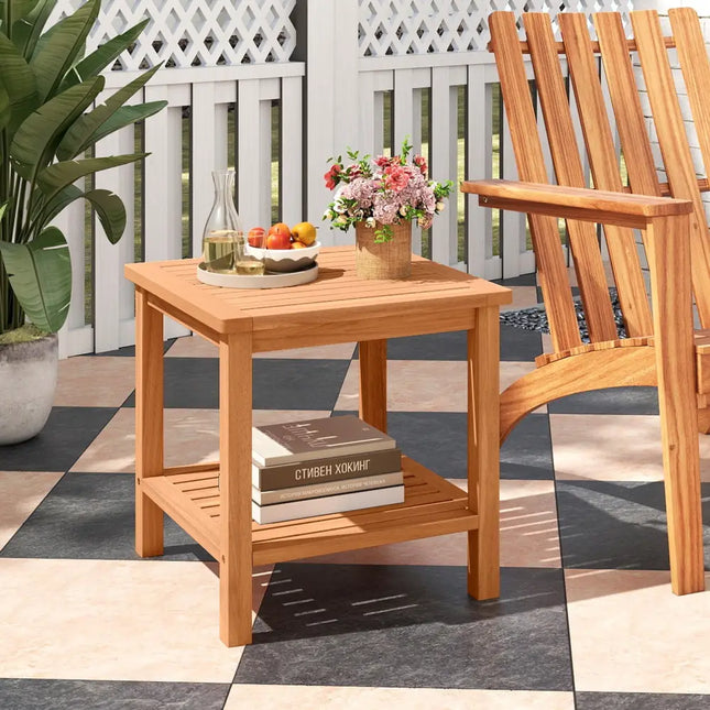Patio Acacia Wood Side Table with Slatted Tabletop and Storage Shelf - End & Side Tables